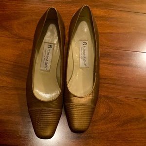 Etienne Aigner Leather Bronze Square Toe Gold Pumps w/ Block Heel